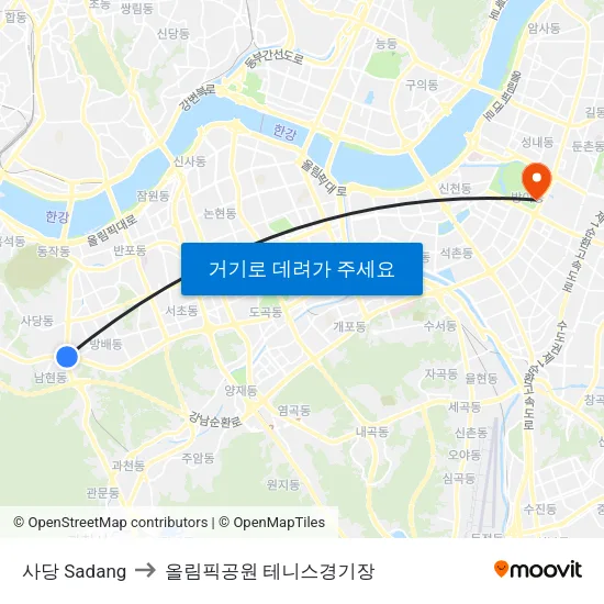 사당 Sadang to 올림픽공원 테니스경기장 map