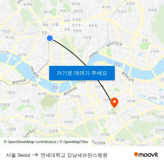 서울 Seoul to 연세대학교 강남세브란스병원 map