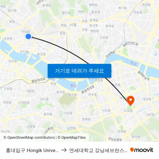 홍대입구 Hongik University to 연세대학교 강남세브란스병원 map