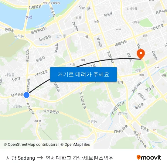 사당 Sadang to 연세대학교 강남세브란스병원 map