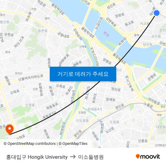 홍대입구 Hongik University to 미소들병원 map