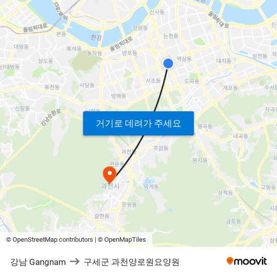 강남 Gangnam to 구세군 과천양로원요양원 map