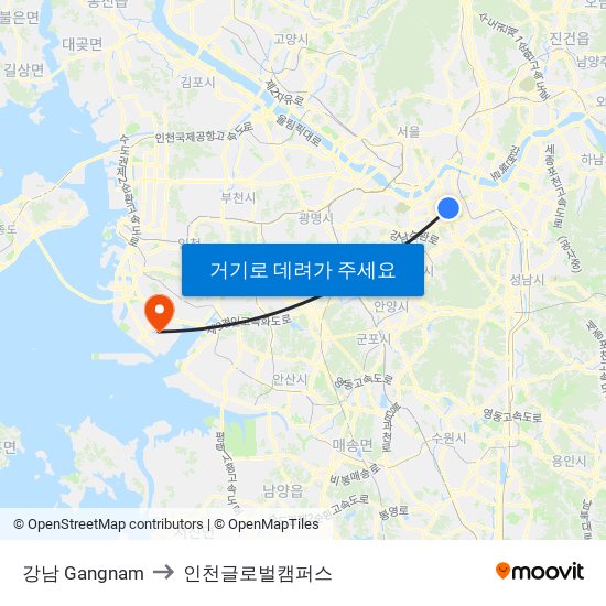 강남 Gangnam to 인천글로벌캠퍼스 map