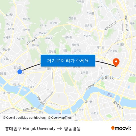 홍대입구 Hongik University to 영동병원 map