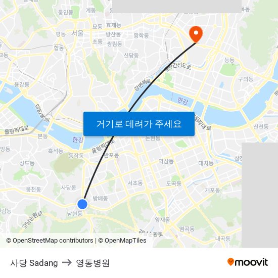 사당 Sadang to 영동병원 map