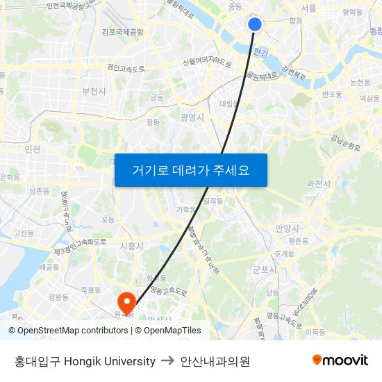 홍대입구 Hongik University to 안산내과의원 map
