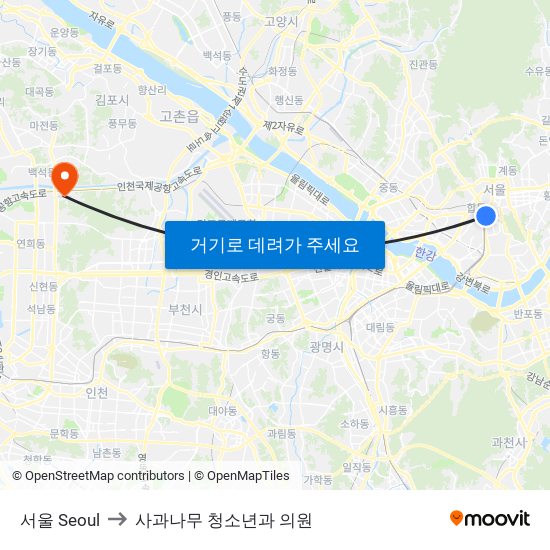 서울 Seoul to 사과나무 청소년과 의원 map