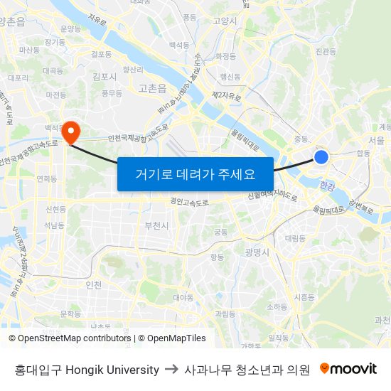 홍대입구 Hongik University to 사과나무 청소년과 의원 map