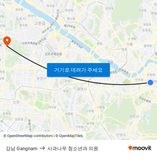 강남 Gangnam to 사과나무 청소년과 의원 map