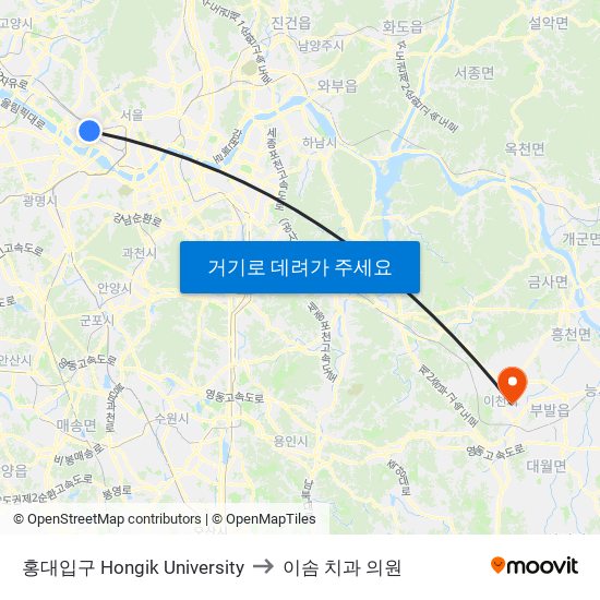 홍대입구 Hongik University to 이솜 치과 의원 map