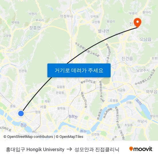 홍대입구 Hongik University to 성모안과 진접클리닉 map
