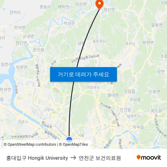 홍대입구 Hongik University to 연천군 보건의료원 map