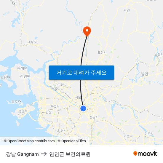 강남 Gangnam to 연천군 보건의료원 map