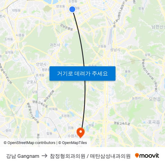 강남 Gangnam to 참정형외과의원 / 매탄삼성내과의원 map