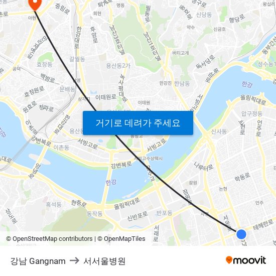 강남 Gangnam to 서서울병원 map