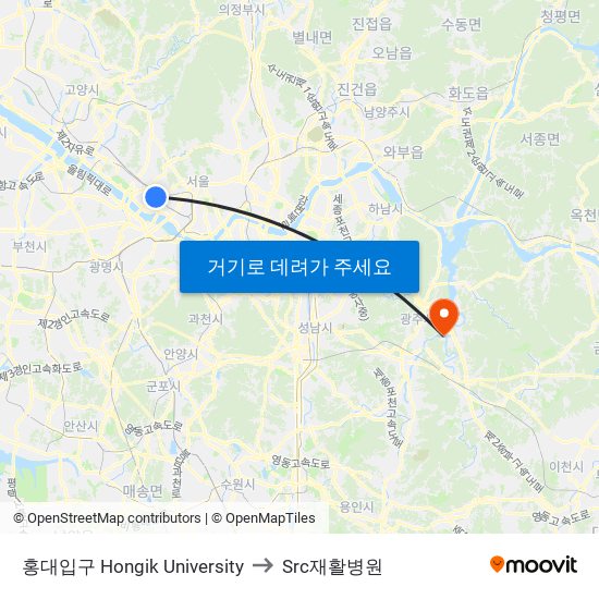 홍대입구 Hongik University to Src재활병원 map