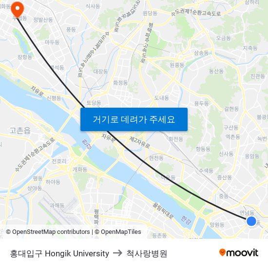 홍대입구 Hongik University to 척사랑병원 map