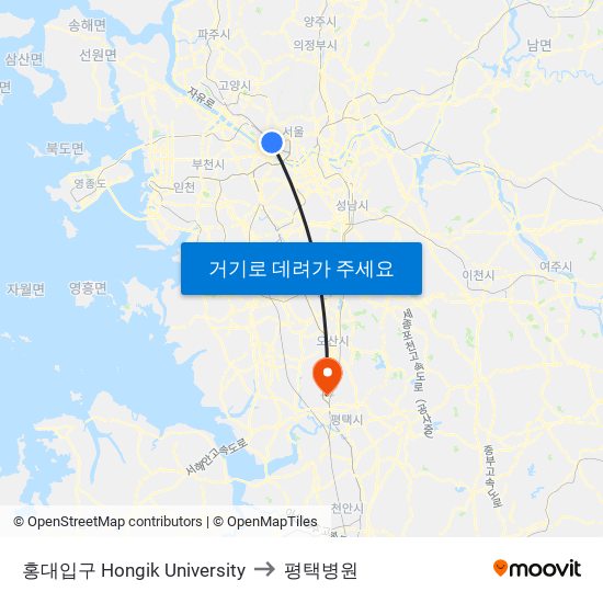 홍대입구 Hongik University to 평택병원 map