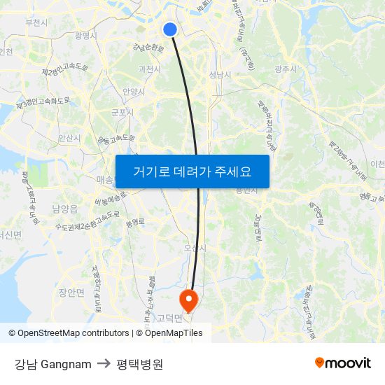 강남 Gangnam to 평택병원 map