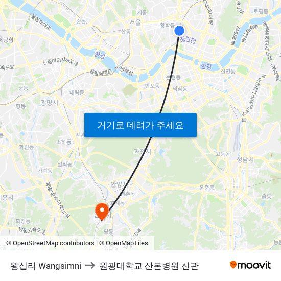 왕십리 Wangsimni to 원광대학교 산본병원 신관 map