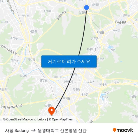 사당 Sadang to 원광대학교 산본병원 신관 map