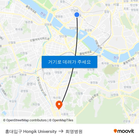 홍대입구 Hongik University to 희명병원 map