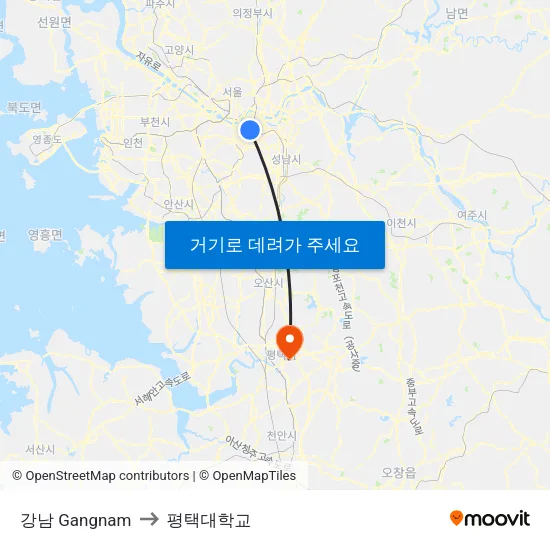 강남 Gangnam to 평택대학교 map