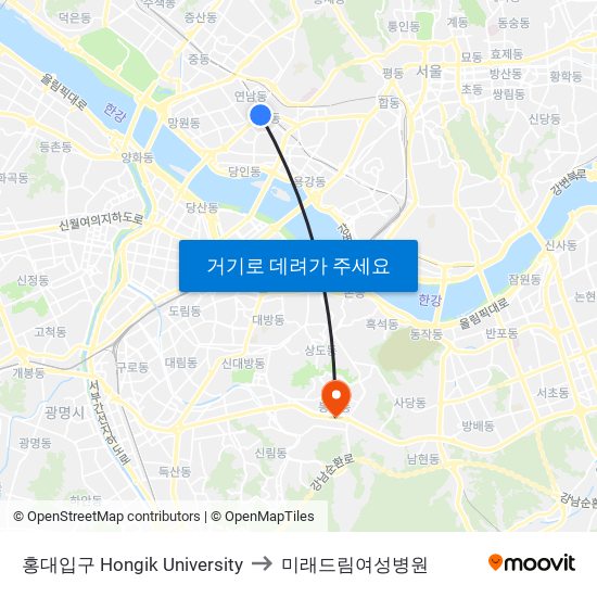 홍대입구 Hongik University to 미래드림여성병원 map