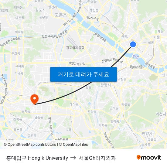 홍대입구 Hongik University to 서울Gh하지외과 map