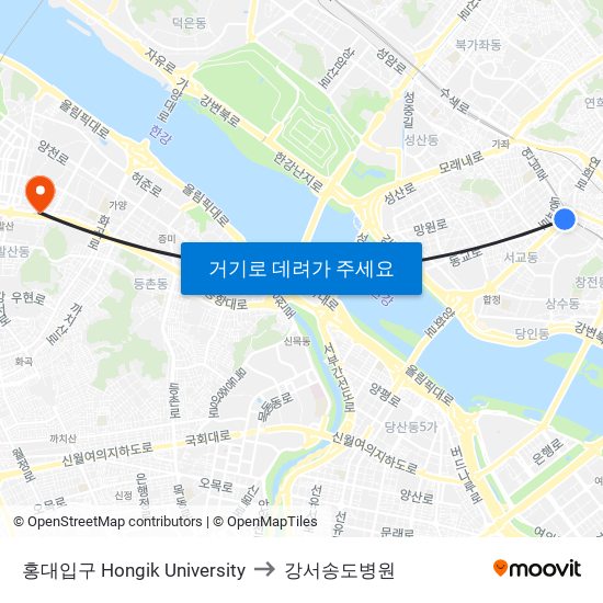 홍대입구 Hongik University to 강서송도병원 map