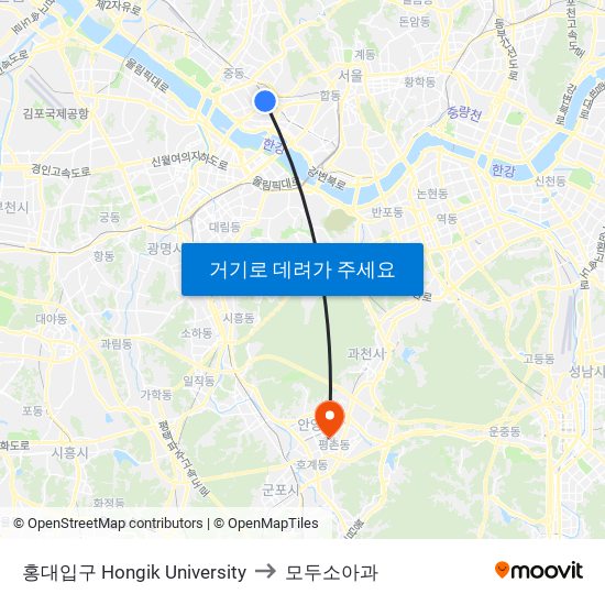 홍대입구 Hongik University to 모두소아과 map