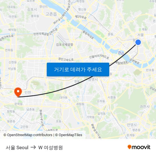 서울 Seoul to W 여성병원 map