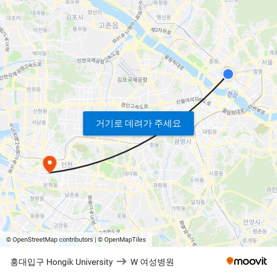 홍대입구 Hongik University to W 여성병원 map