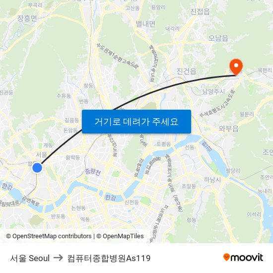 서울 Seoul to 컴퓨터종합병원As119 map