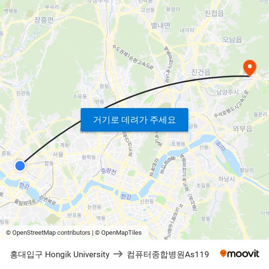 홍대입구 Hongik University to 컴퓨터종합병원As119 map