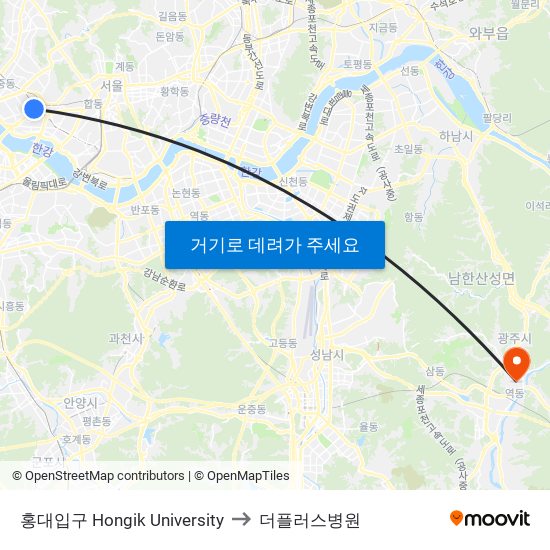 홍대입구 Hongik University to 더플러스병원 map
