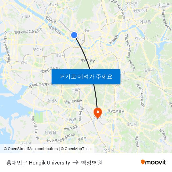 홍대입구 Hongik University to 백성병원 map