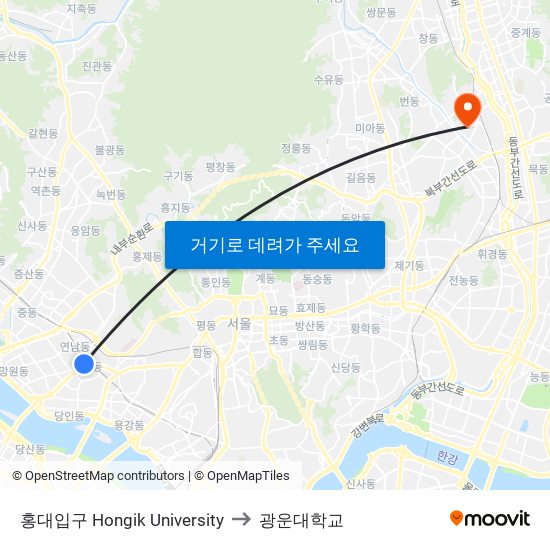 홍대입구 Hongik University to 광운대학교 map