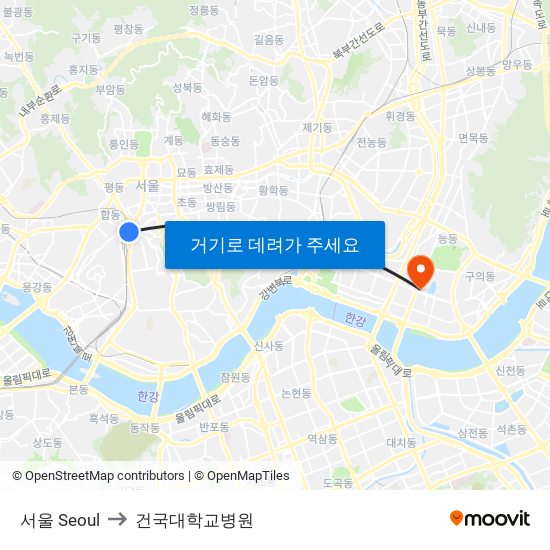 서울 Seoul to 건국대학교병원 map