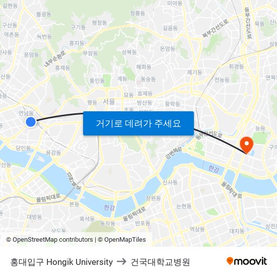 홍대입구 Hongik University to 건국대학교병원 map