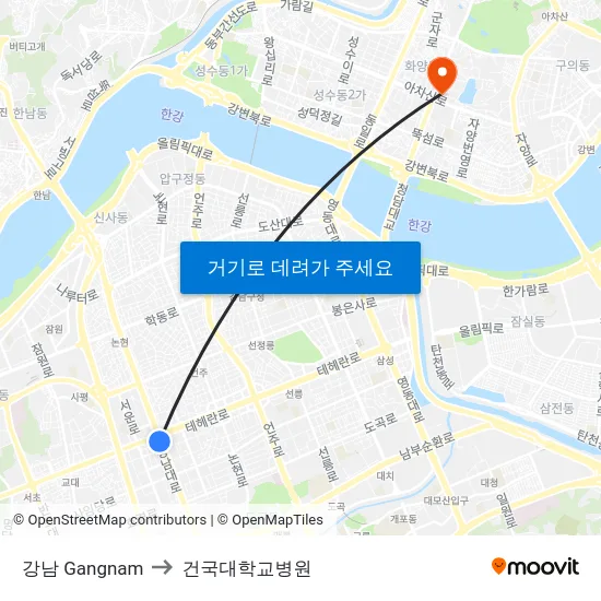 강남 Gangnam to 건국대학교병원 map