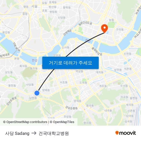 사당 Sadang to 건국대학교병원 map