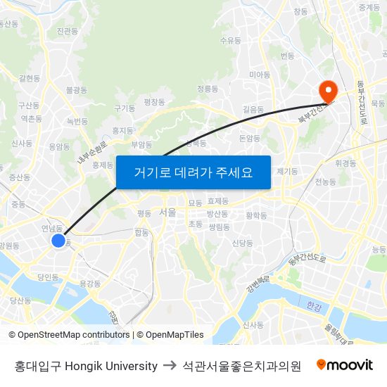 홍대입구 Hongik University to 석관서울좋은치과의원 map