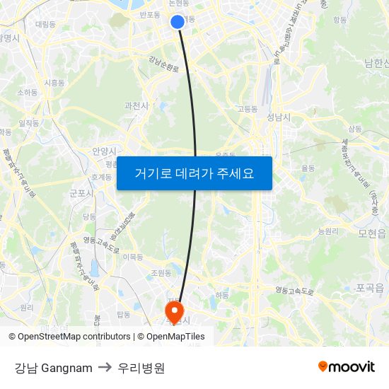 강남 Gangnam to 우리병원 map