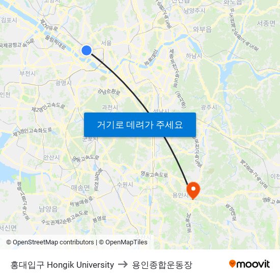 홍대입구 Hongik University to 용인종합운동장 map