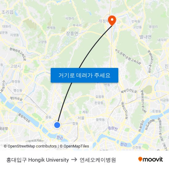 홍대입구 Hongik University to 연세오케이병원 map