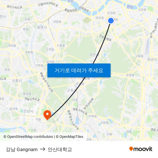 강남 Gangnam to 안산대학교 map