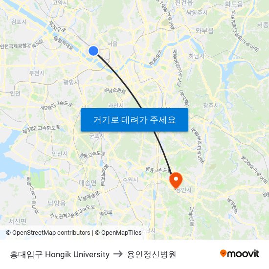 홍대입구 Hongik University to 용인정신병원 map