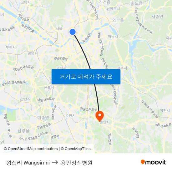 왕십리 Wangsimni to 용인정신병원 map