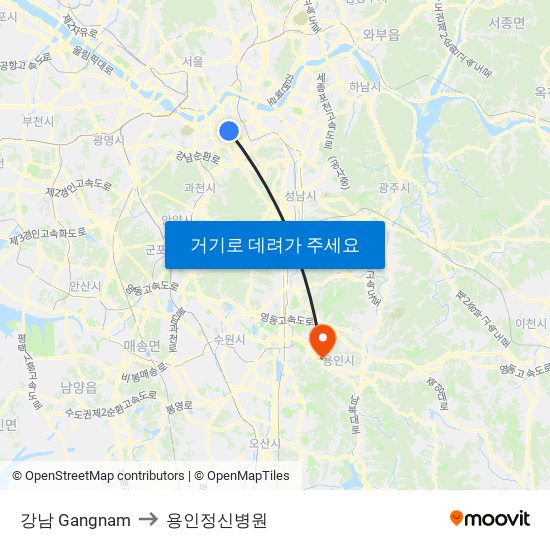 강남 Gangnam to 용인정신병원 map